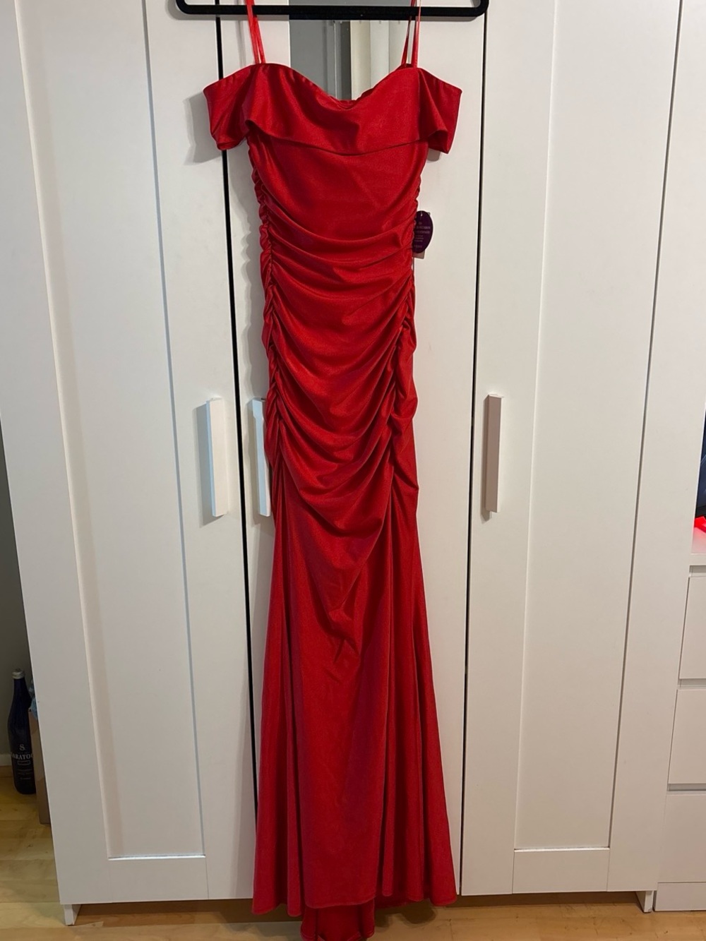 Windsor Red Ruched Off-Shoulder Maxi Dress